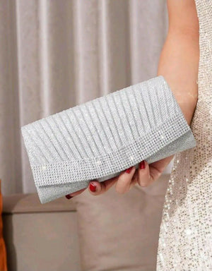 Glitter Clutch Bag With Foldover Pleated Flap And Rhinestone Decoration