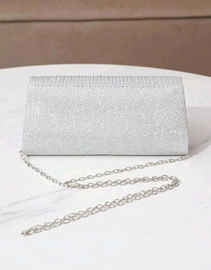 Glitter Clutch Bag With Foldover Pleated Flap And Rhinestone Decoration