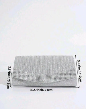 Glitter Clutch Bag With Foldover Pleated Flap And Rhinestone Decoration