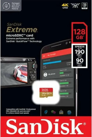 SanDisk 128GB Extreme microSD UHS I Card for 4K Video on Smartphones, Action Cams & Drones 190MB/s Read, 90MB/s Write SDSQXAA 128G GN6MN, Red/Gold