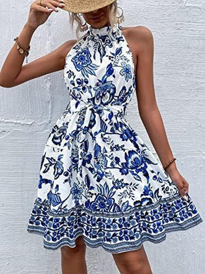 Women's Floral Ruffle Hem Belt A-Line Loose Mini Dresses