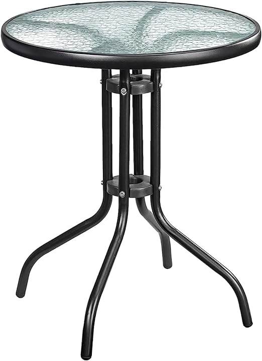 Outdoor Table Tennis, Round Patio Table Coffee Table Side Table Garden Table Indoor Furniture with Metal Frame and Tempered Water Ripple Glass Top