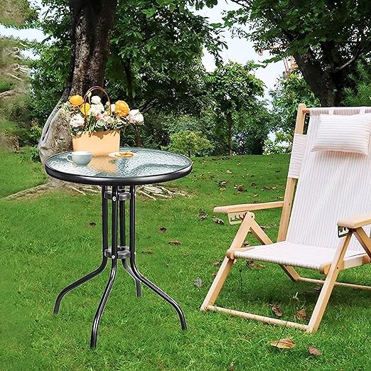 Outdoor Table Round Patio Table Coffee Table Side Table Garden Table Outdoor Indoor Furniture with Metal Frame and Tempered Water Ripple Glass Top