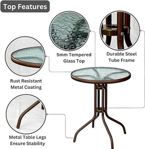 Outdoor Table Tennis, Round Patio Table Coffee Table Side Table Garden Table Indoor Furniture with Metal Frame and Tempered Water Ripple Glass Top