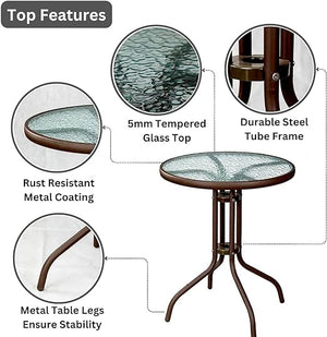 Outdoor Table Round Patio Table Coffee Table Side Table Garden Table Outdoor Indoor Furniture with Metal Frame and Tempered Water Ripple Glass Top