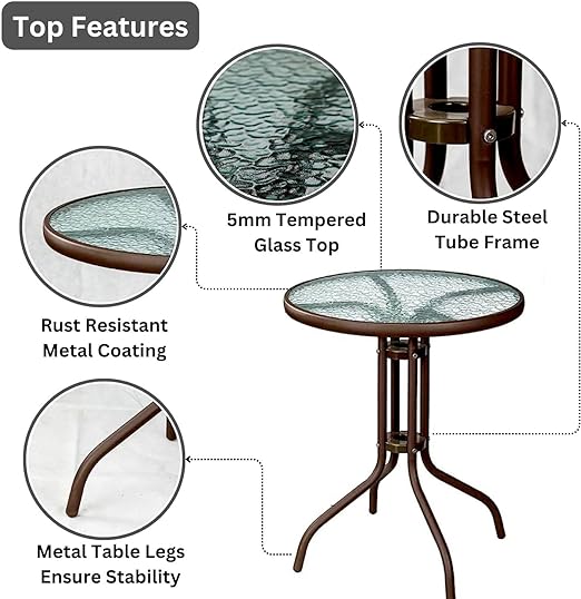 Outdoor Table Round Patio Table Coffee Table Side Table Garden Table Outdoor Indoor Furniture with Metal Frame and Tempered Water Ripple Glass Top