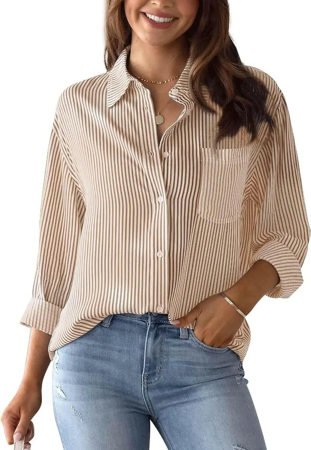 Happy Cherry Women’s Striped Linen Blouse Lone Sleeve Button Down Tunic Shirt Casual Elegant V Neck Blouse Basic Shirt Stylish Office Tops