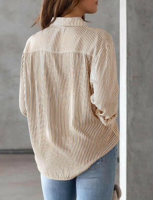 Happy Cherry Women’s Striped Linen Blouse Lone Sleeve Button Down Tunic Shirt Casual Elegant V Neck Blouse Basic Shirt Stylish Office Tops