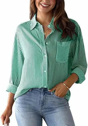 Happy Cherry Women’s Striped Linen Blouse Lone Sleeve Button Down Tunic Shirt Casual Elegant V Neck Blouse Basic Shirt Stylish Office Tops