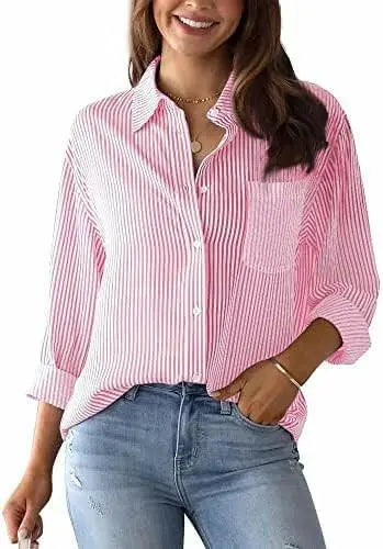 Happy Cherry Women’s Striped Linen Blouse Lone Sleeve Button Down Tunic Shirt Casual Elegant V Neck Blouse Basic Shirt Stylish Office Tops