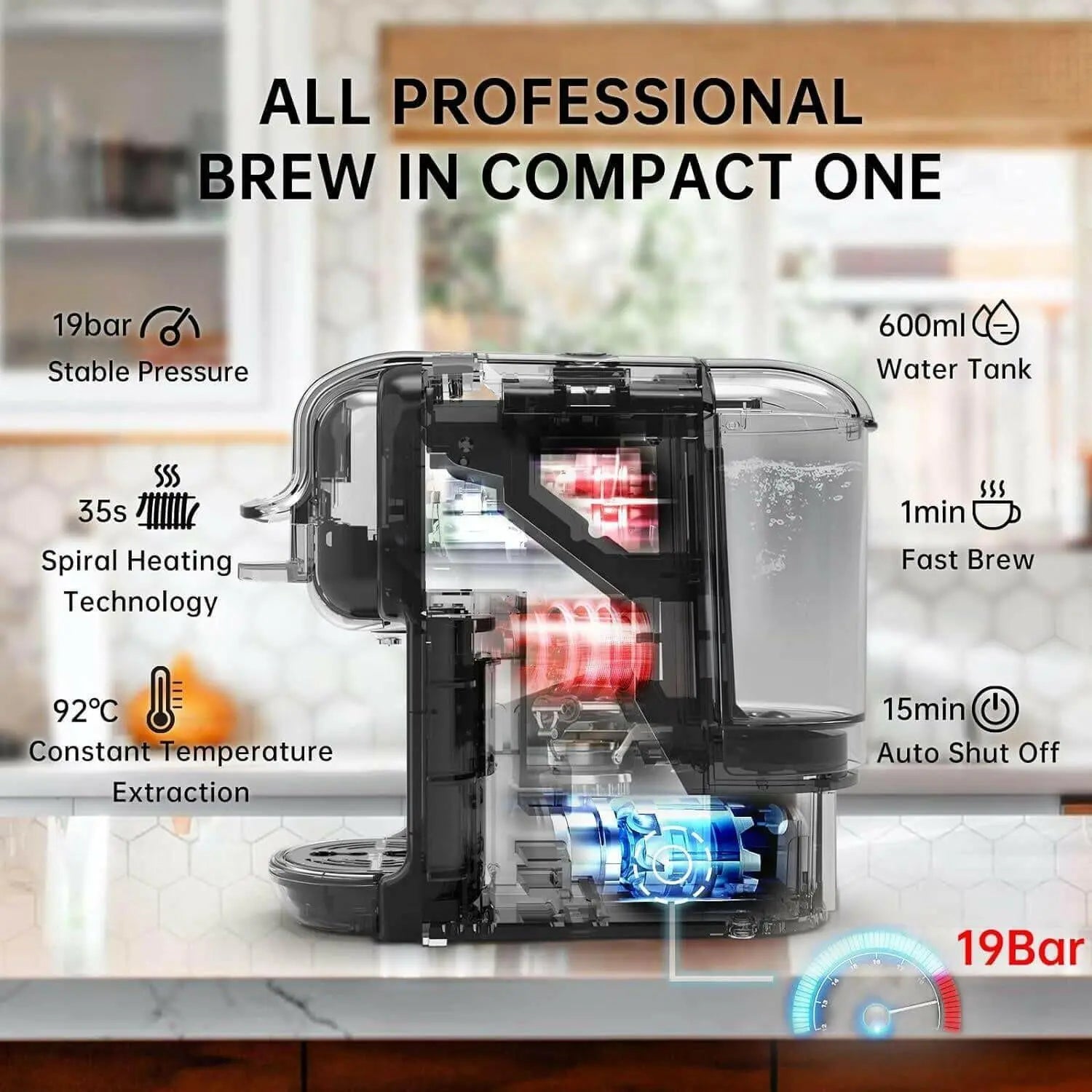HiBREW 5-in-1 Coffee Machine & Milk Frother 19 Bar Espresso