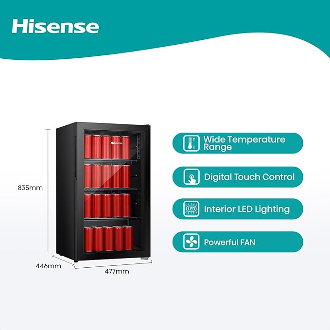 Hisense Beverage Electric Cooler with 69 Cans/113 Bottles,Glass Door,Recessed Handle,Interior Light,Digital Control,Adjustable Shelves