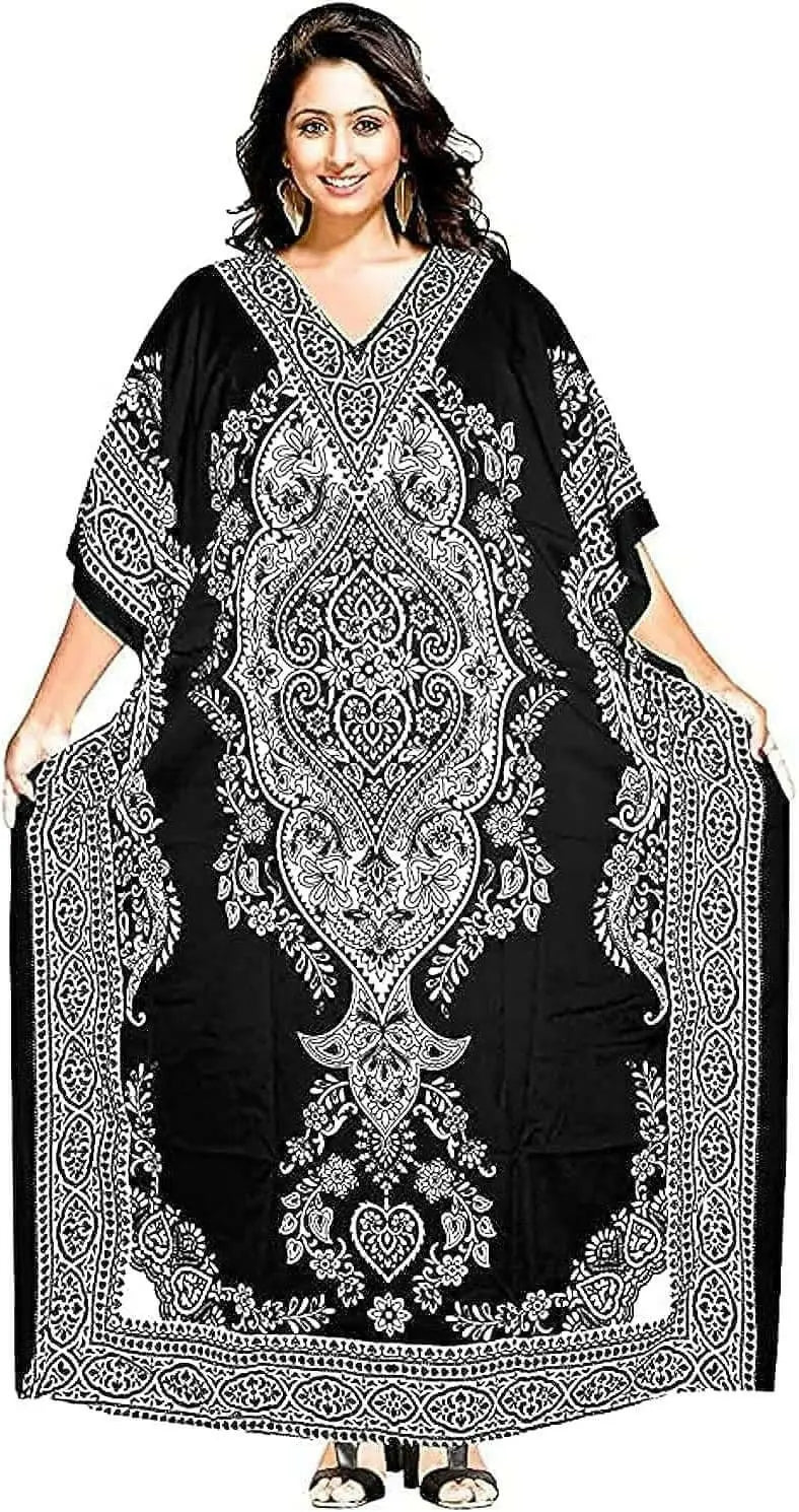 Kashmir Floral Print Long Maxi Kaftan for Women (Black White) - One Size