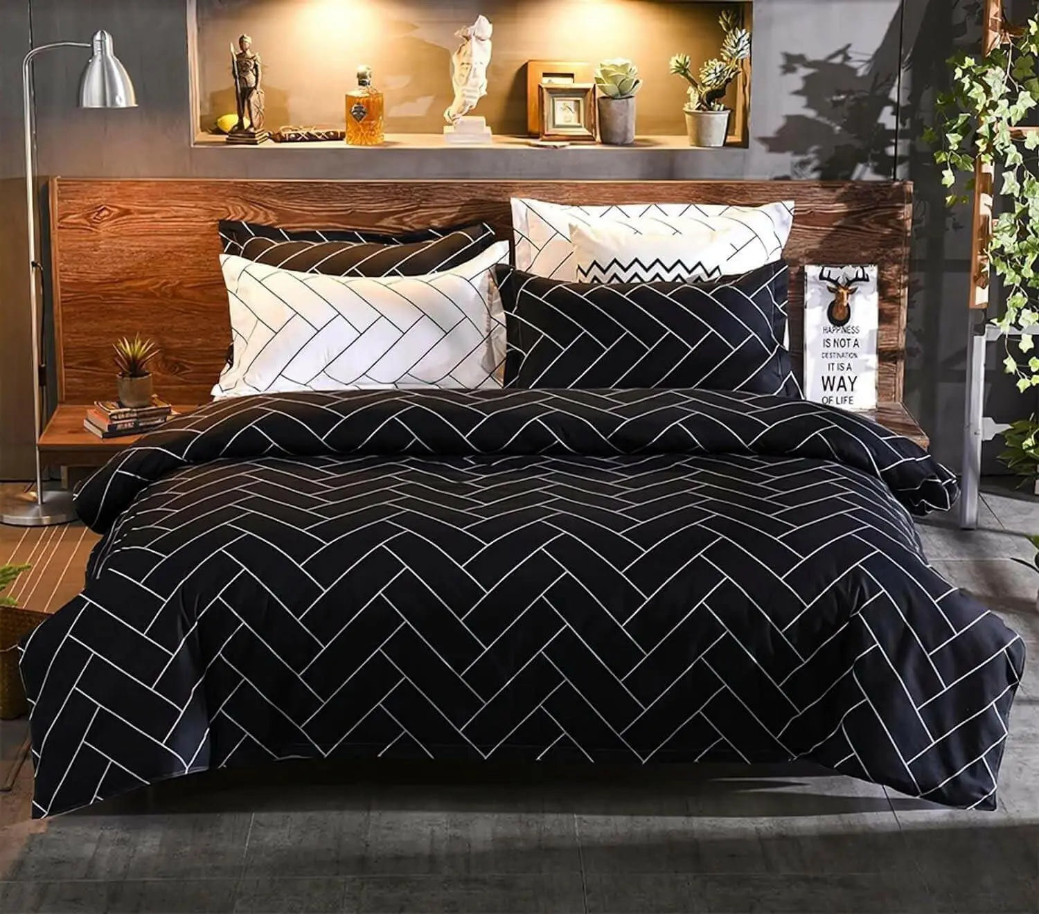 King Size Bedsheet 6pcs One Set, High Cotton Quality Bedding Set Duvet Cover (King Size, Black and White)