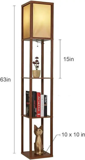 LED Shelf Floor Lamp - Modern Standing Light for Living Rooms & Bedrooms - Asian Wooden Frame with Display Shelves