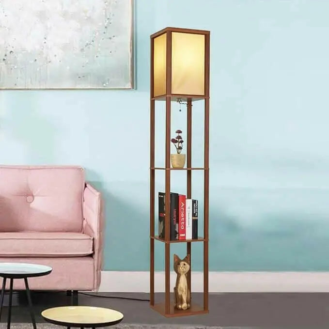 LED Shelf Floor Lamp - Modern Standing Light for Living Rooms & Bedrooms - Asian Wooden Frame with Display Shelves