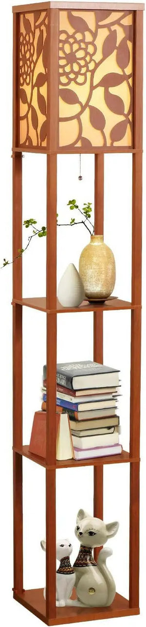 LED Shelf Floor Lamp - Modern Standing Light for Living Rooms & Bedrooms - Asian Wooden Frame with Display Shelves