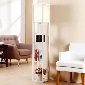 LED Shelf Floor Lamp - Modern Standing Light for Living Rooms & Bedrooms - Asian Wooden Frame with Display Shelves