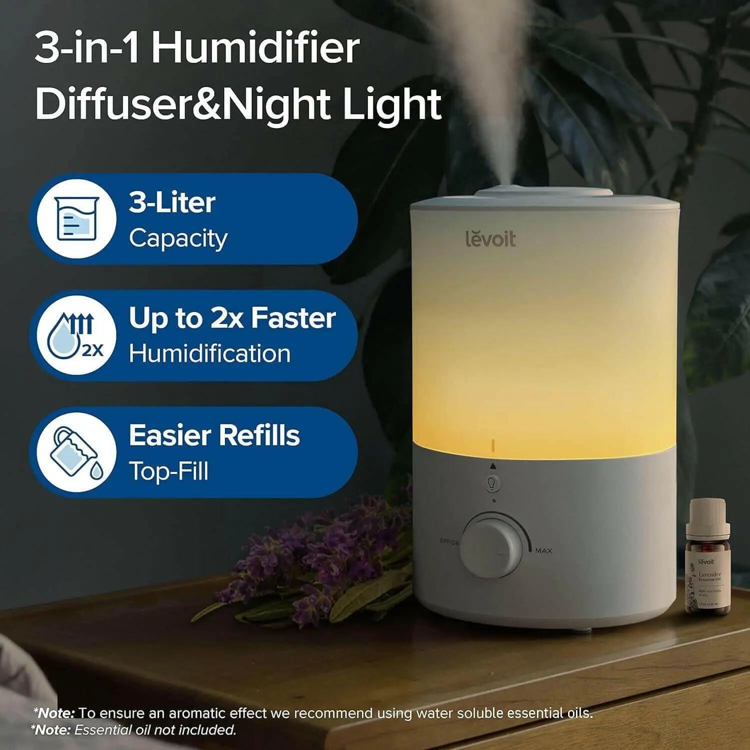 LEVOIT 3L Humidifiers for Bedroom Baby Room with Night Light