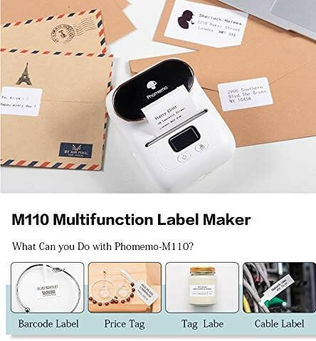 Label Sticker Maker Machine - Phomemo M110 Portable Bluetooth Thermal Label Printer. Sticker Maker, Barcode Printer, Arabic and English,For iOS & Android