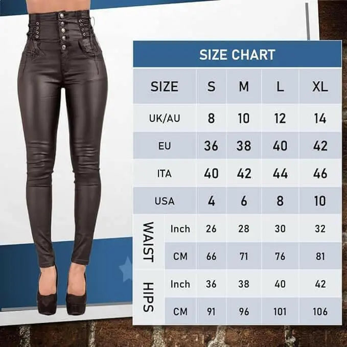 Lusty Chic Womens Faux Leather Look Trousers High Waisted | High Waist Jeans with Side Lace 5 Button | Black Leather Look Jeans for Women
