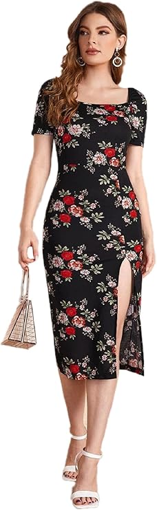 Floral Print Split Thigh Sequin Mini Dress