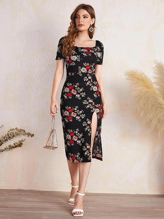 Sequin mini dress Floral Print Split Thigh dress