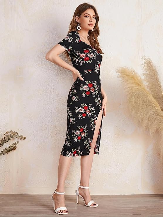 Sequin mini dress Floral Print Split Thigh dress