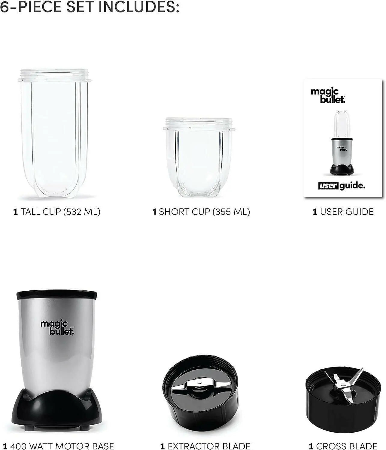 Magic Bullet, 4 Piece Accessories, Multi-Function High-Speed Blender, Silver, MB1002