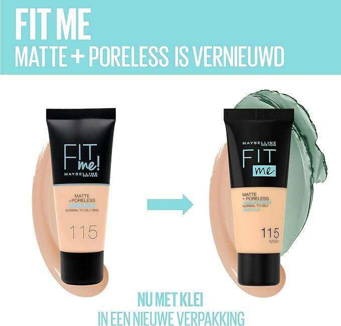 Maybelline New York Liquid Foundation, Matte & Poreless, Full Coverage and Blendable, Normal to Oily Skin, Fit Me, 115 Ivory