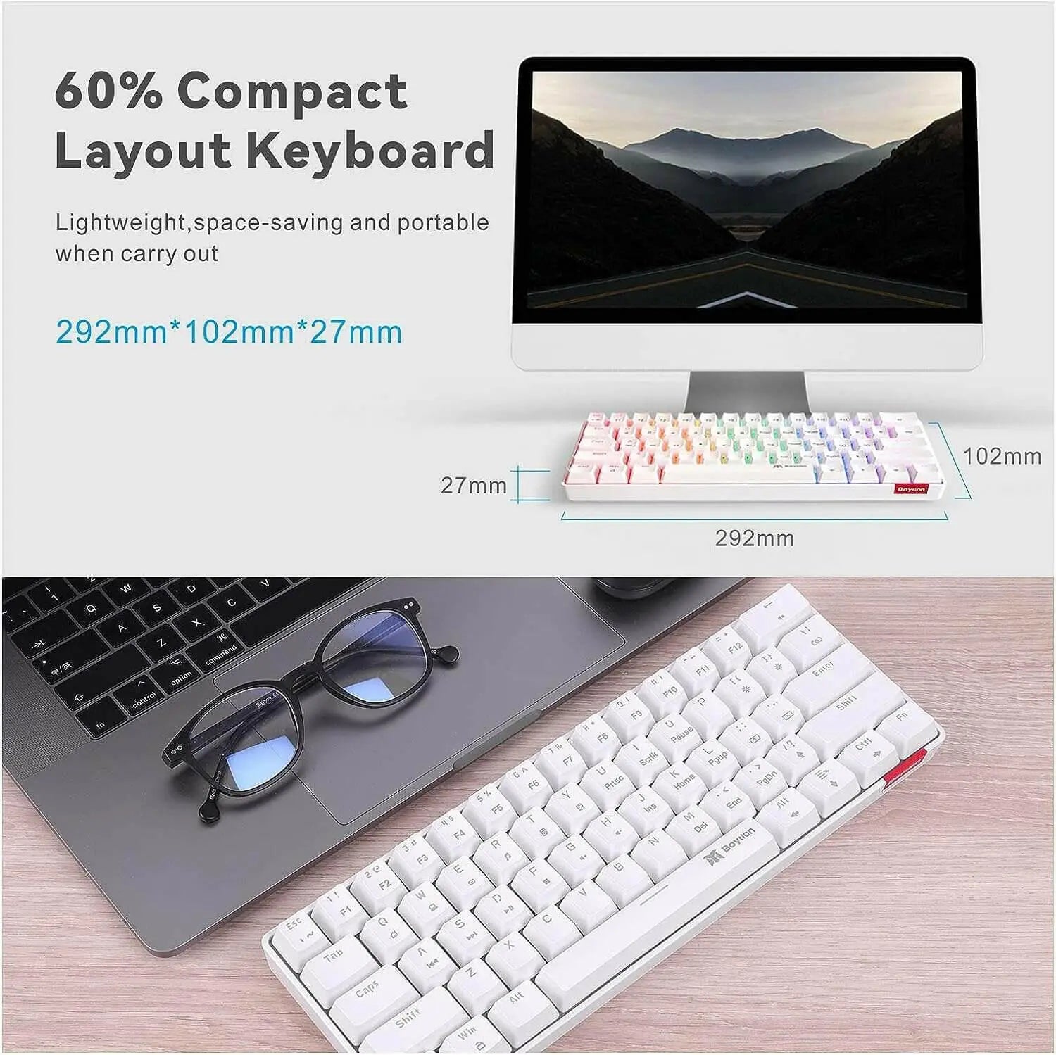Mechanical Gaming Keyboard, Baytion 61 Keys Ultral Compact Wired Keyboard with Blue Switches and RGB Backlit for iOS, Android and Windows, White