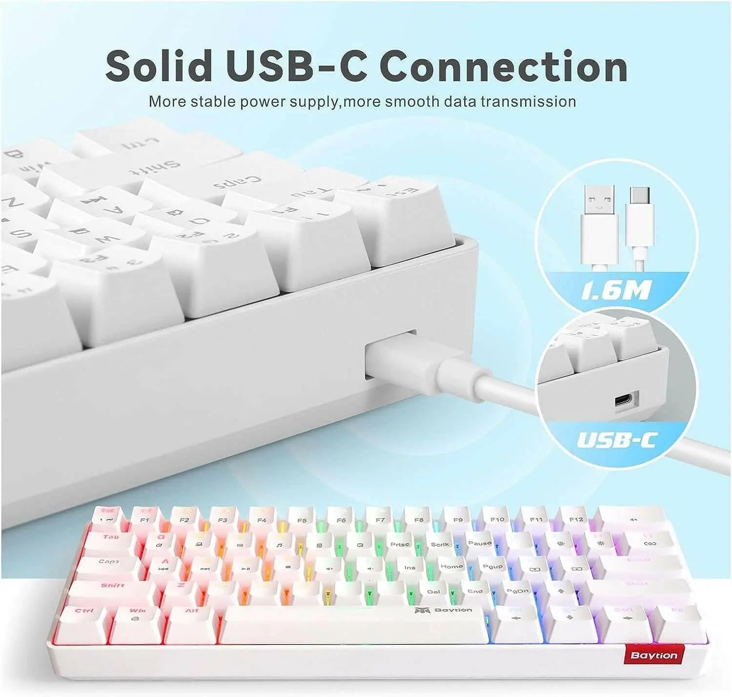 Mechanical Gaming Keyboard, Baytion 61 Keys Ultral Compact Wired Keyboard with Blue Switches and RGB Backlit for iOS, Android and Windows, White