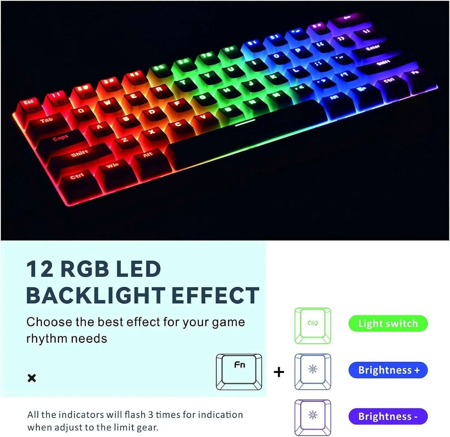 Mechanical Gaming Keyboard, Baytion 61 Keys Ultral Compact Wired Keyboard with Blue Switches and RGB Backlit for iOS, Android and Windows, White