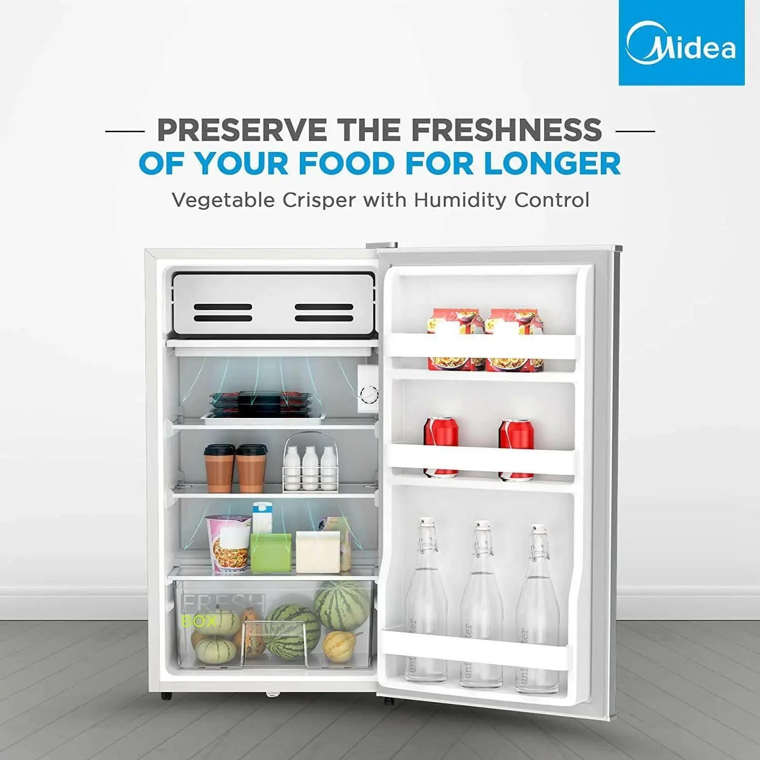 Midea 120L Single Door Refrigerator with Separate Chiller Compartment, 2L Bottle Holder, Adjustable Legs, 5 Year Compressor Warranty