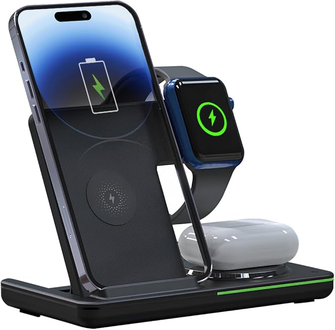 3 in 1 Wireless Mobile Charging Station, Fast Wireless Charger Stand for Fast Charge, Wireless Charger Phone Apple iPhone 15 14 13 12 11 X Pro Max AirPods iWatch 8 7 6 5 4 Samsung Galaxy S (Black)
