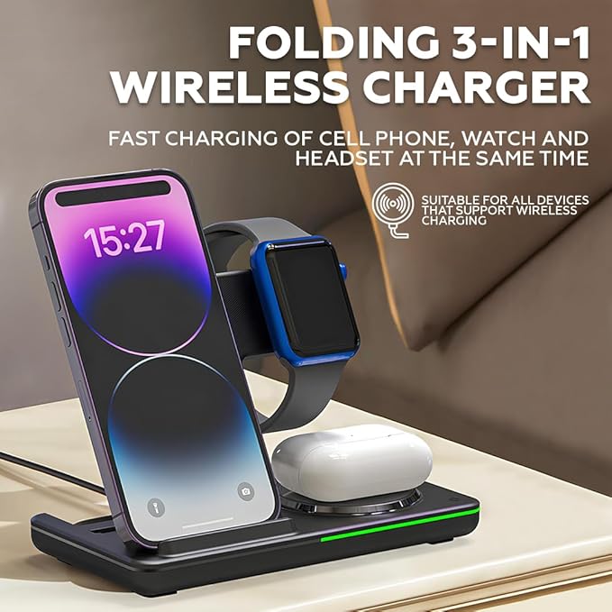 3 in 1 Wireless Mobile Charging Station, Fast Wireless Charger Stand for Fast Charge, Wireless Charger Phone Apple iPhone 15 14 13 12 11 X Pro Max AirPods iWatch 8 7 6 5 4 Samsung Galaxy S (Black)