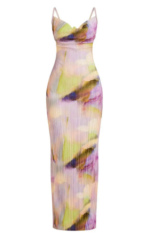 Multi Watercolour Plisse Strappy Maxi Dress