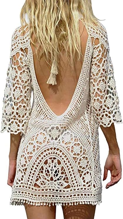 Swim Dress For Women Beach Resort Swimsuit Sun-Protective Sexy Dress Backless Hollow Beach Dress Lace Hook Bikini Smock . White - S