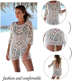 Swim Dress For Women Beach Resort Swimsuit Sun-Protective Sexy Dress Backless Hollow Beach Dress Lace Hook Bikini Smock . White - S