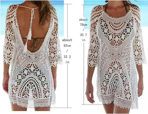 Swim Dress For Women Beach Resort Swimsuit Sun-Protective Sexy Dress Backless Hollow Beach Dress Lace Hook Bikini Smock . White - S