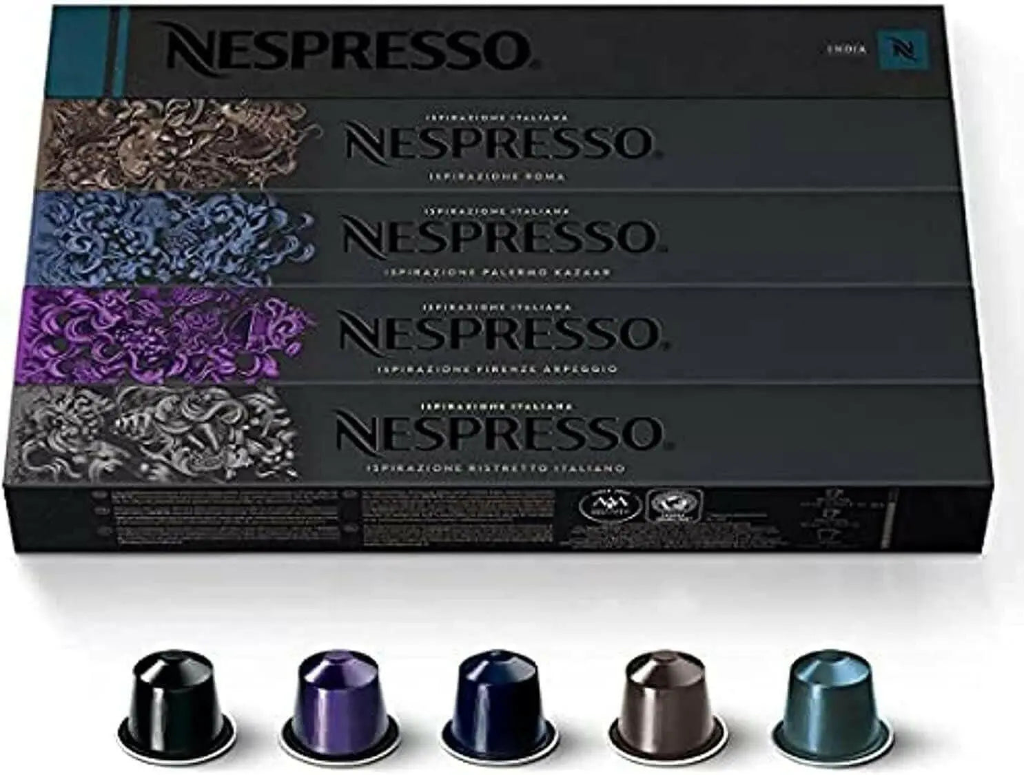 Nespresso 50 Nespresso Capsules Original Line Espresso Coffee Capsules (Arpeggio, Roma, Ristretto, Kazaar, India, 10 pods each, 50 Servings)