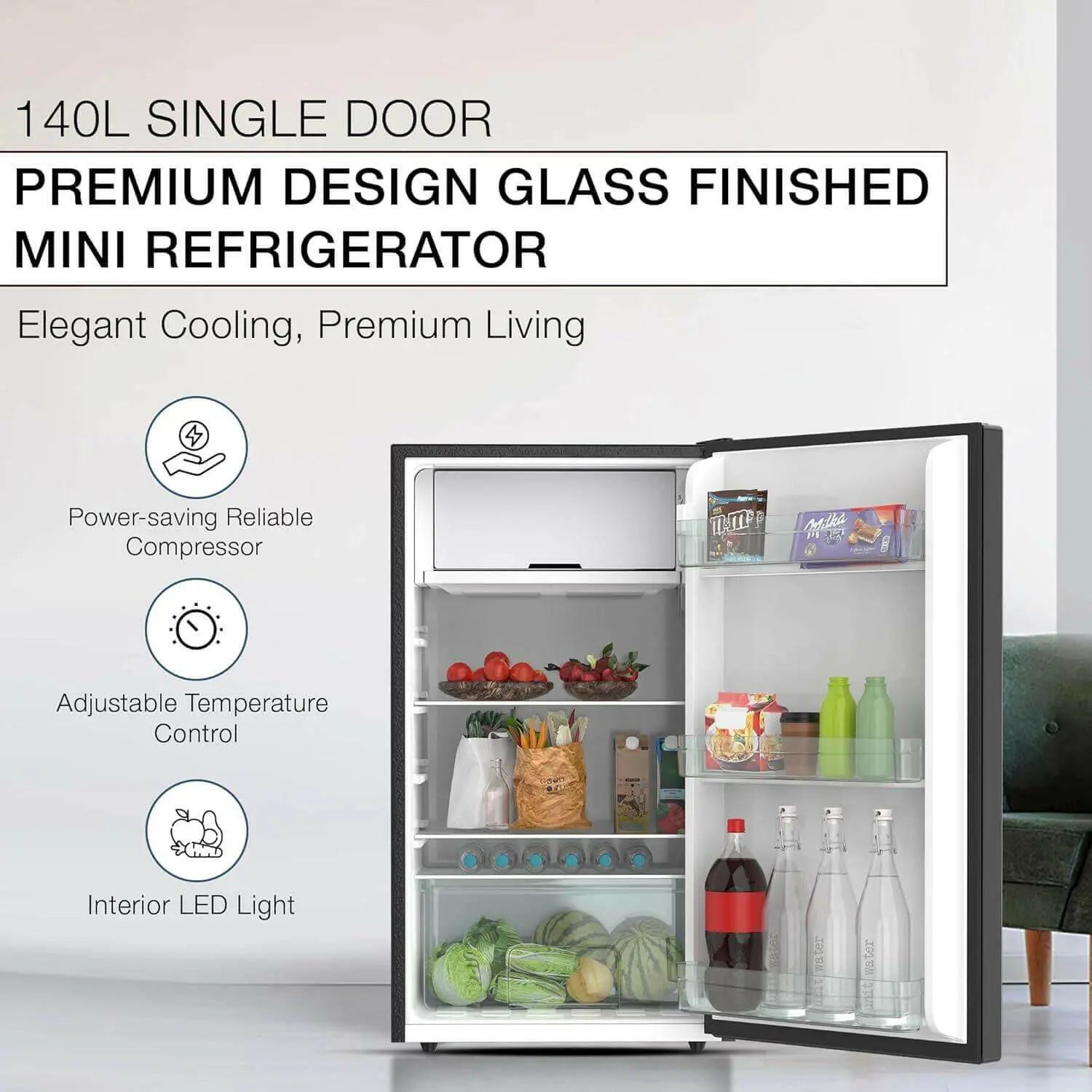 Nikai 140L Single Door Refrigerator with Glass Finish, 2L Bottle Holder, Glass Shelves, Separate Chiller Compartment, Ideal Mini Fridge for Home