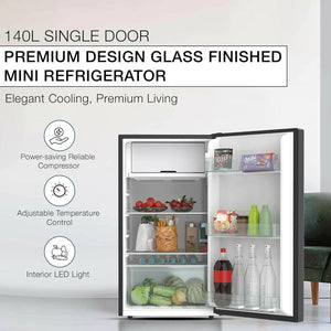 Nikai 140L Single Door Refrigerator with Glass Finish, 2L Bottle Holder, Glass Shelves, Separate Chiller Compartment, Ideal Mini Fridge for Home