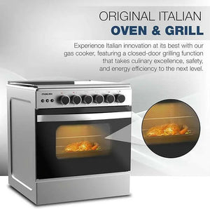 Nikai 60X60cm 4 Burner Full Safety Freestanding Gas Cooker, Auto Ignition, Double Glass Oven Door for Close Door Grilling with Turnspit, Glass Lid