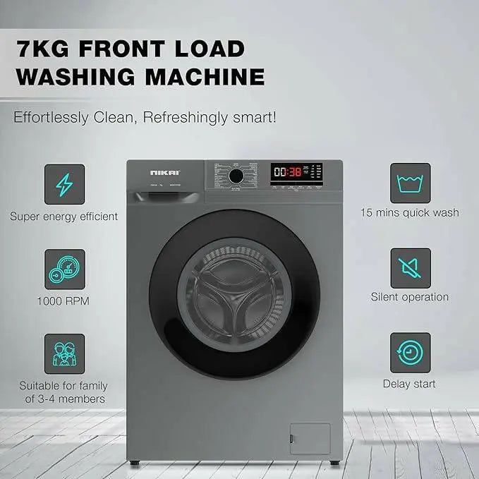 Nikai 7KG 16 Programs Front Load Washer, Steam Wash, 1000 RPM, 4 Star Energy Saving, Fully Automatic Washing Machine, Digital LCD Display, Child Lock