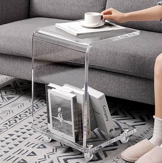 Mobile C Shaped End Table,Acrylic Sofa Side Table, Snack Table On Wheels