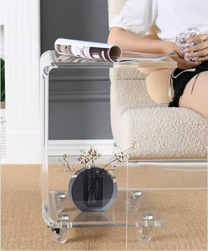 Mobile C Shaped End Acrylic Coffee Table, Snack Table On Wheels