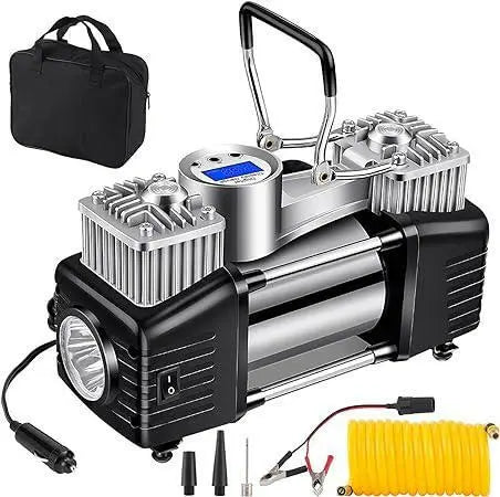 PINREK Heavy Duty Double Cylinder Tire Inflator, Portable Air Compressor for Car, 150 PSI Tyre Air Pump with LED Light - Ideal for SUV