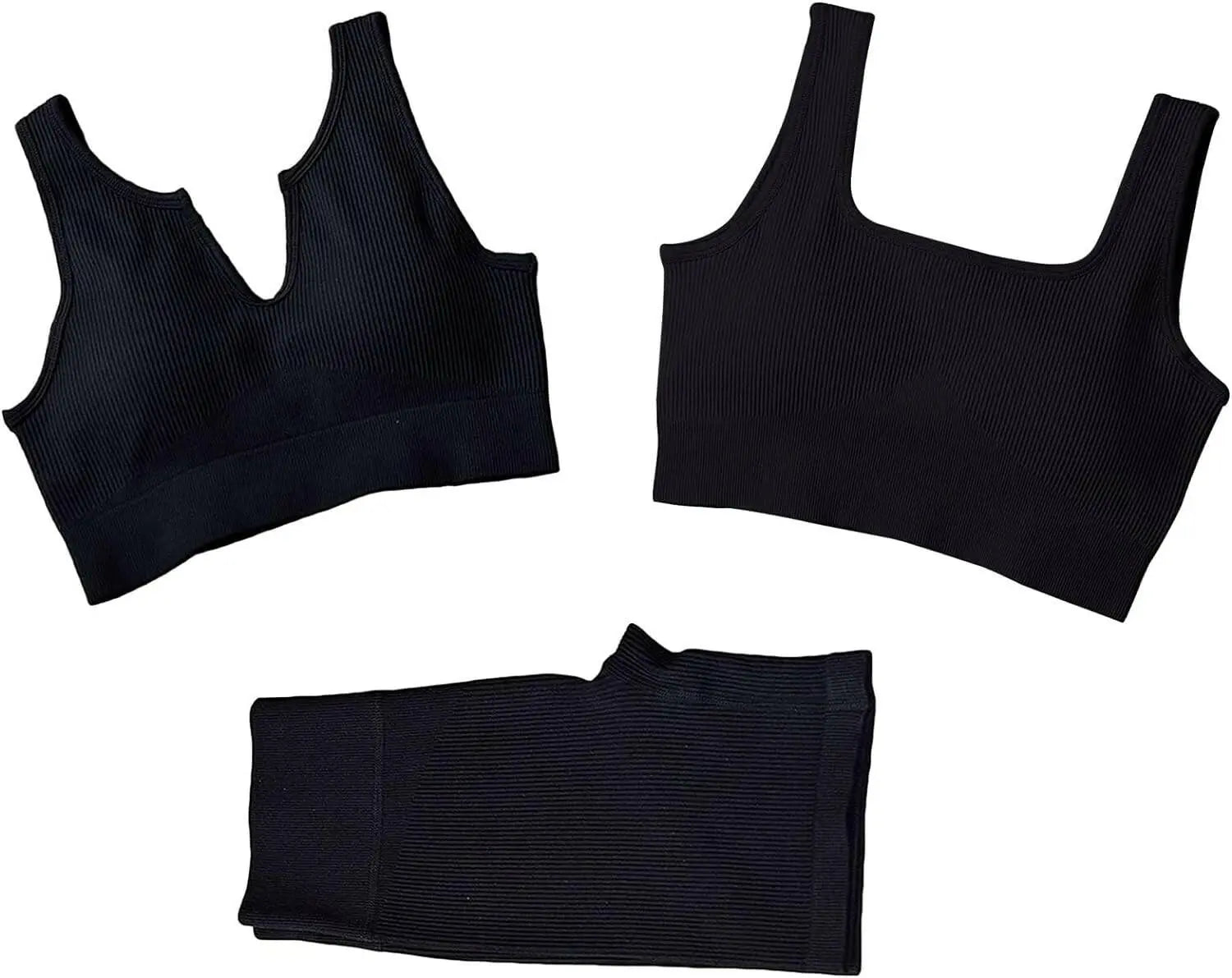 Peer 3PCS Workout Set for Women - Ribbed Sports Bra, High Waist Shorts, and Crop Top Co-ord Set for Gym, Yoga, Running and Fitness