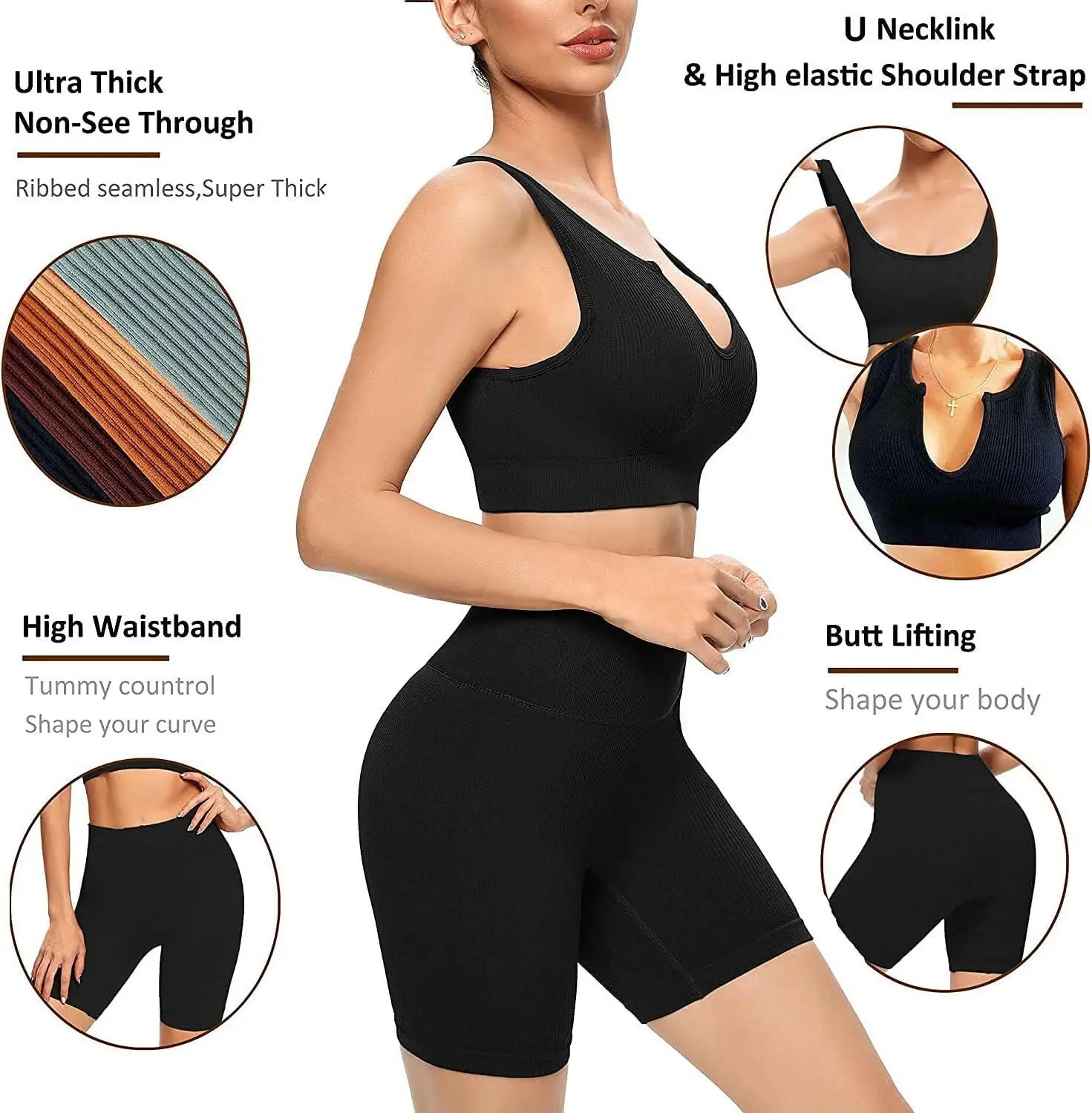 Peer 3PCS Workout Set for Women - Ribbed Sports Bra, High Waist Shorts, and Crop Top Co-ord Set for Gym, Yoga, Running and Fitness